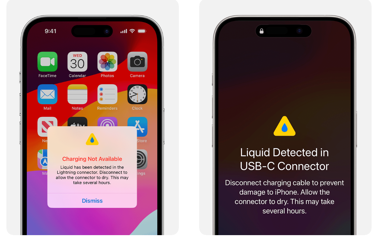 Este alerta aparece quando o iPhone identifica a presença de líquido no conector Lightning. Ele serve como um aviso imediato de que o carregamento por meio deste conector não é seguro no momento.